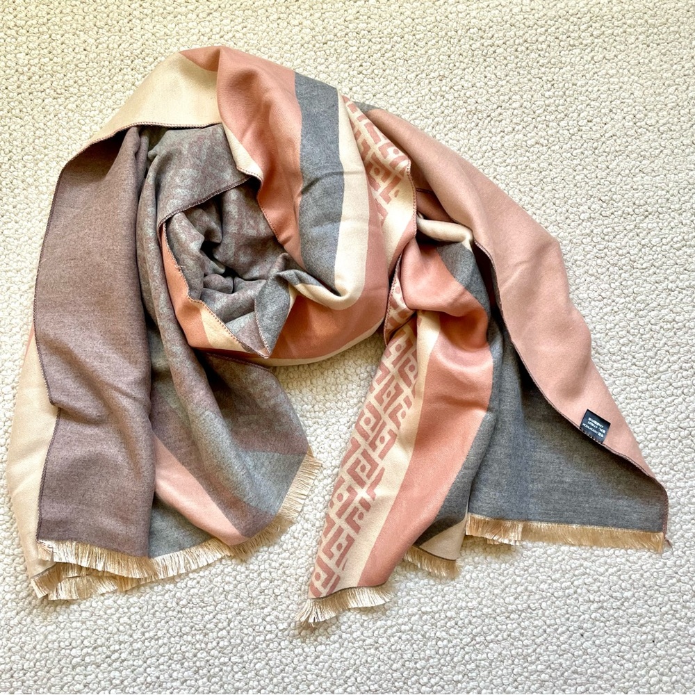 Dusty Pink Monogram Stripe Scarf Gold Eyelash Fringe Wrap